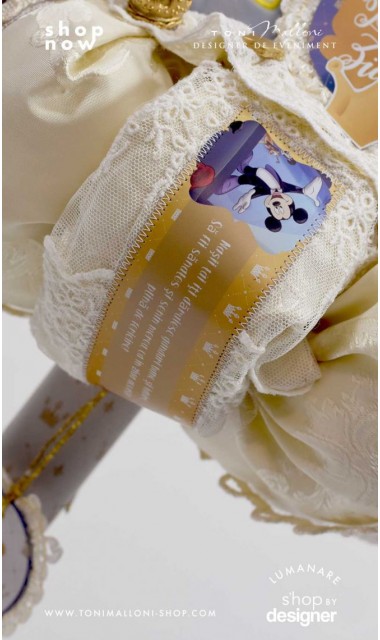 Lumanare botez Mickey Mouse personalizata grafic si inspirata din lumea Disney cu note roiale The King 5
